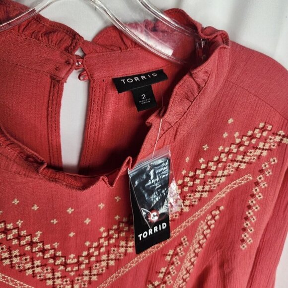 Torrid Top Womens Plus 2XL Tunic Peasant Coral Red Embroidered Boho Cottage NWT - Picture 8 of 9
